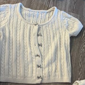 Ivory Cable Knit Short Sleeve Cardigan with Bow Buttons